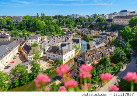 Scenic view of Grund district with old town and fortress in the background, in Luxemburg Scenic view of Grund district with old town and fortress in the background, in Luxemburg 121117937
