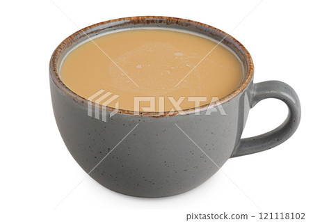 Coffee with milk in a gray cup isolated on white. 121118102
