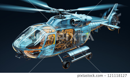 Wireframe representation of a modern helicopter illustrating technology and design concepts 121118127