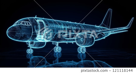 Detailed 3D wireframe model of a commercial airplane showcasing aviation technology and design features 121118144