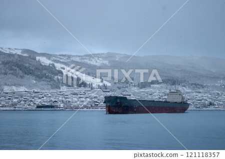 Landscape with a boat, Narvik, Norway 121118357