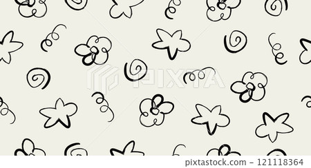 Seamless background with hand drawn elements. Abstract pattern with stars, flowers and spirals. 121118364