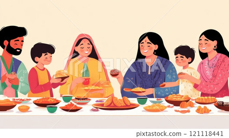 Colorful illustration of family sharing festive table filled with traditional Eid dishes, enjoying the holiday together. 121118441