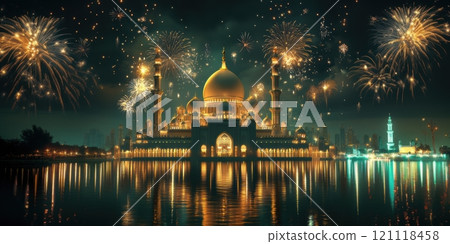 Majestic golden mosque in Doha surrounded by vibrant fireworks display reflecting on water. Festive spirit. 121118458