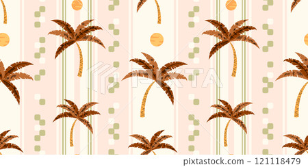 Palm tree and sun with striped  vertical border seamless pattern. Summer vacation concept print design. 121118479