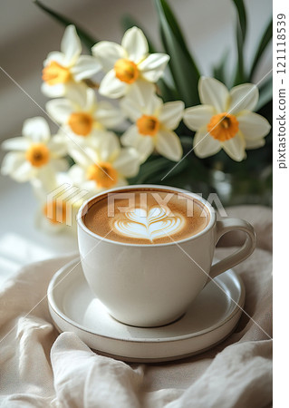 Hot latte coffee and daffodils flowers on white stone background. 121118539