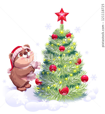 Brown bear in santa hat and christmas tree with decorations 121118725