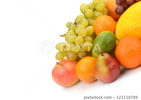 Set of fruits isolated on a white. Free space for text. Set of fruits isolated on a white. Free space for text. 121118789