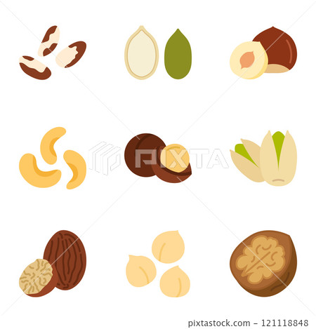 Nuts and Seeds icon set. Pictogram isolated on a white background. Nuts and Seeds icon set. Pictogram isolated on a white background. 121118848