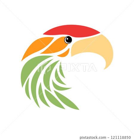 Colorful and stylized parrot head with a large, curved beak. Colorful and stylized parrot head with a large, curved beak. 121118850