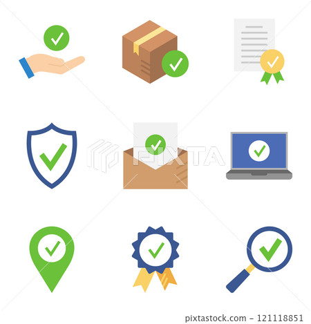 Quality control icons. Approved, check mark symbols, check mark, certification, approval concepts. 121118851