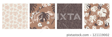 Boho seamless patterns set with monstera leaves and abstract shapes 121119002