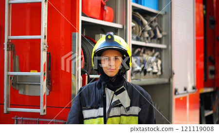 Portrait of confident female firefighter against the background of big red truck. Young firewoman in protective uniform looking at camera near a fire engine. Saving lives and heroic profession concept Portrait of confident female firefighter against the background of big red truck. Young firewoman in protective uniform looking at camera near a fire engine. Saving lives and heroic profession concept 121119008