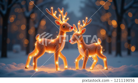 Deer doll decorated with Christmas lights outside with falling snow. Christmas background. 121119056
