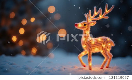 Deer doll decorated with Christmas lights outside with falling snow. Christmas background. 121119057