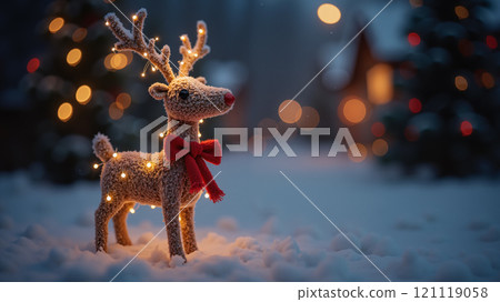 Deer doll decorated with Christmas lights outside with falling snow. Christmas background. 121119058