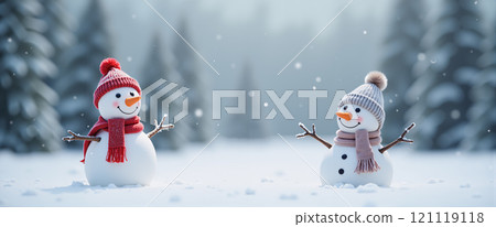 Two snowmen having fun on Christmas Day. Background, 22:9 wide angle view. 121119118