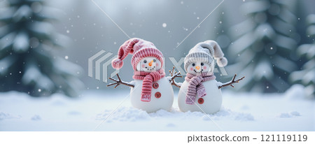 Two snowmen having fun on Christmas Day. Background, 22:9 wide angle view. 121119119