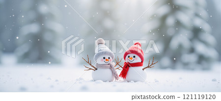 Two snowmen having fun on Christmas Day. Background, 22:9 wide angle view. 121119120
