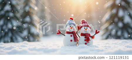 Two snowmen having fun on Christmas Day. The background has sparkling sunlight. Wide angle 22:9. Two snowmen having fun on Christmas Day. The background has sparkling sunlight. Wide angle 22:9. 121119131