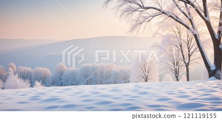 Winter background, snow covered landscape, 2:1 wide angle view. 121119155