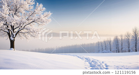 Winter background, snow covered landscape, 2:1 wide angle view. 121119156