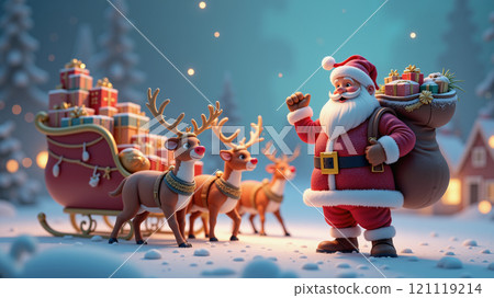 Santa Claus carrying a bag of presents, his sleigh and his reindeer. Christmas background. Santa Claus carrying a bag of presents, his sleigh and his reindeer. Christmas background. 121119214