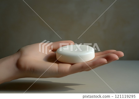 Soft white soap bar resting on a hand against a neutral background 121119295