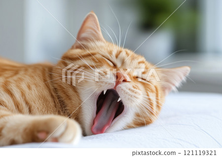 Cute ginger cat yawning on sofa at home, closeup 121119321