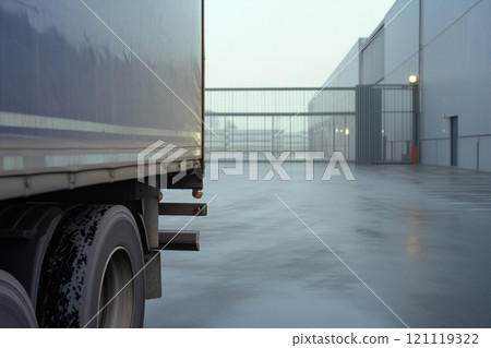 Close-up of delivery truck in a warehouse. Logistics and transportation of goods. 121119322