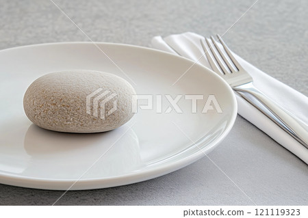 stone on plate with fork and knife on gray background 121119323