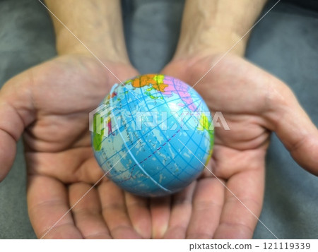Hands holding the globe. The concept of human concern for the well-being of the planet. Hands holding the globe. The concept of human concern for the well-being of the planet. 121119339