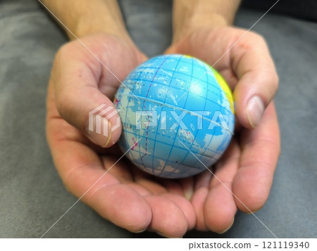 Hands holding the globe. The concept of human concern for the well-being of the planet. 121119340