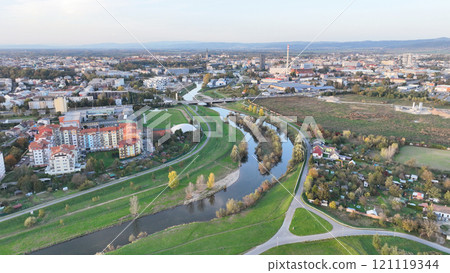 Flood polder protection on Morava river in Olomouc, island building city bank increases capacity for flood low-lying tract land, regulated regulation artificial hydrological entity embankments Europe 121119344