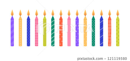Colorful burning birthday cake candles set with different patterns. Holiday, anniversary celebration. Decoration for banner, greeting card. Vector flat illustration isolated on white background 121119380