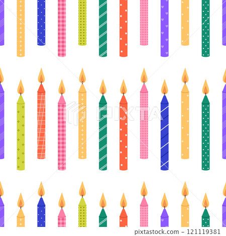 Seamless pattern with colorful burning birthday cake candles with different prints on white background. Holiday, anniversary celebration. Vector flat illustration for wallpaper, textile, packaging 121119381