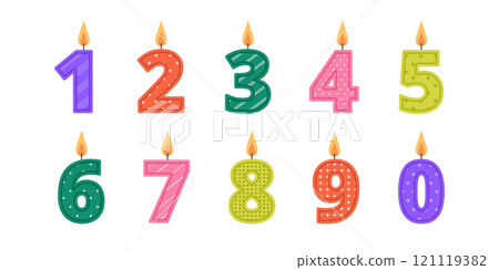 Colorful burning number shape birthday cake candles set with different patterns. Holiday, anniversary. Decoration for banner, greeting card. Vector flat illustration isolated on white background 121119382