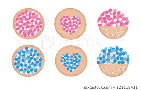 Dutch, Netherlands traditional Beschuit Met Muisjes. Hard, dry treat, biscuit, cookie with pink, blue topping for newbord boy or girl baby. 121119431