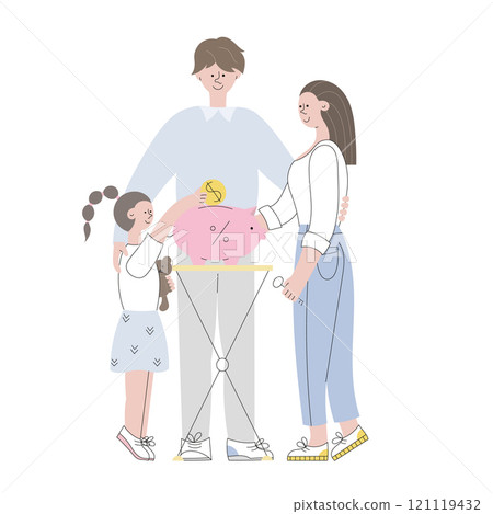 Family with child save money for new house, apartment buying. Investment, finance management simple flat cartoon vector illustration. Piggy bank debt concept. Family with child save money for new house, apartment buying. Investment, finance management simple flat cartoon vector illustration. Piggy bank debt concept. 121119432