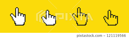 Pixel hand cursor icons in different gestures on yellow 121119566
