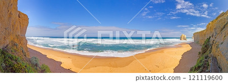 Panoramic view of Twelve Apostles and surrounding ocean, iconic Australian landmark 121119600