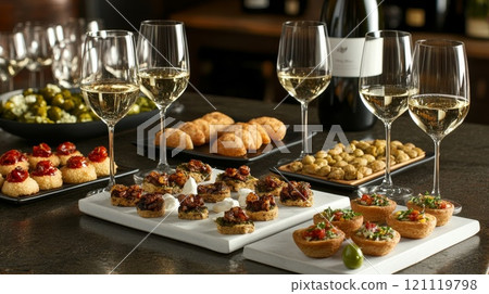 Glasses of white wine are arranged on a table with various appetizers. 121119798