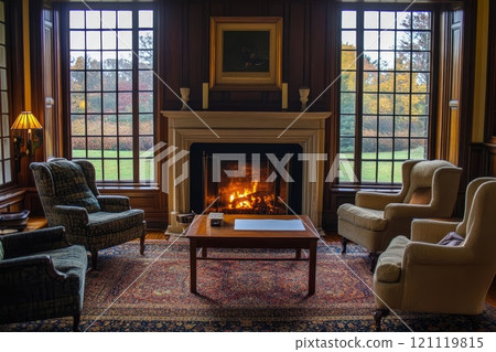 Home interior with sofa and armchairs, table and fireplace. 121119815