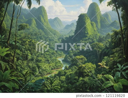 Painting of a lush, green jungle landscape. Painting of a lush, green jungle landscape. 121119820