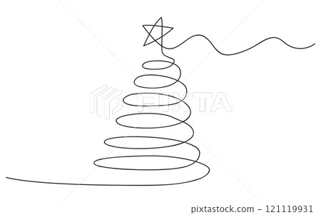 Continuous line drawing art. Christmas tree shape with black line for holiday, festival, illustration and element. Editable stroke 121119931