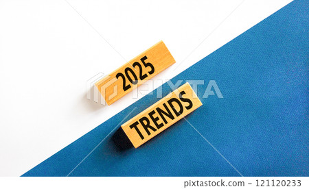 Planning 2025 trends new year symbol. Concept words 2025 Trends on beautiful wooden blocks. Beautiful white and blue background. Business 2025 trends new year concept. Copy space. 121120233