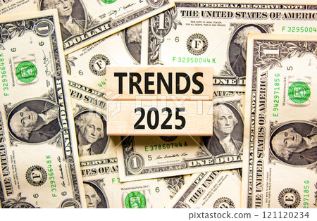 Planning trends 2025 new year symbol. Concept words Trends 2025 on beautiful wooden blocks. Dollar bills. Beautiful background from dollar bills. Business trends 2025 new year concept. Copy space. Planning trends 2025 new year symbol. Concept words Trends 2025 on beautiful wooden blocks. Dollar bills. Beautiful background from dollar bills. Business trends 2025 new year concept. Copy space. 121120234