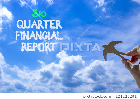 3rd quarter financial report symbol. Concept words 3rd quarter financial report. Beautiful blue sky and clouds background. Businessman hand. Business 3rd quarter financial report concept. Copy space. 3rd quarter financial report symbol. Concept words 3rd quarter financial report. Beautiful blue sky and clouds background. Businessman hand. Business 3rd quarter financial report concept. Copy space. 121120291