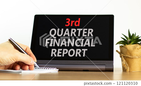 3rd quarter financial report symbol. Concept words 3rd quarter financial report on beautiful black tablet. Beautiful white background. Business 3rd quarter financial report concept. Copy space. 121120310