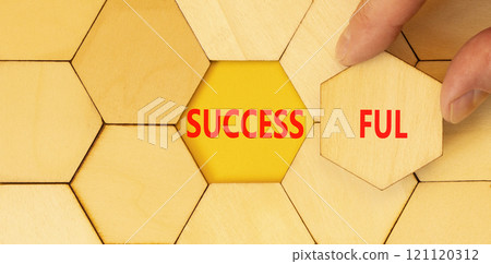 Successful symbol. Concept word Successful on beautiful wooden puzzles. Beautiful yellow background. Businessman hand. Business successful concept. Copy space. Successful symbol. Concept word Successful on beautiful wooden puzzles. Beautiful yellow background. Businessman hand. Business successful concept. Copy space. 121120312